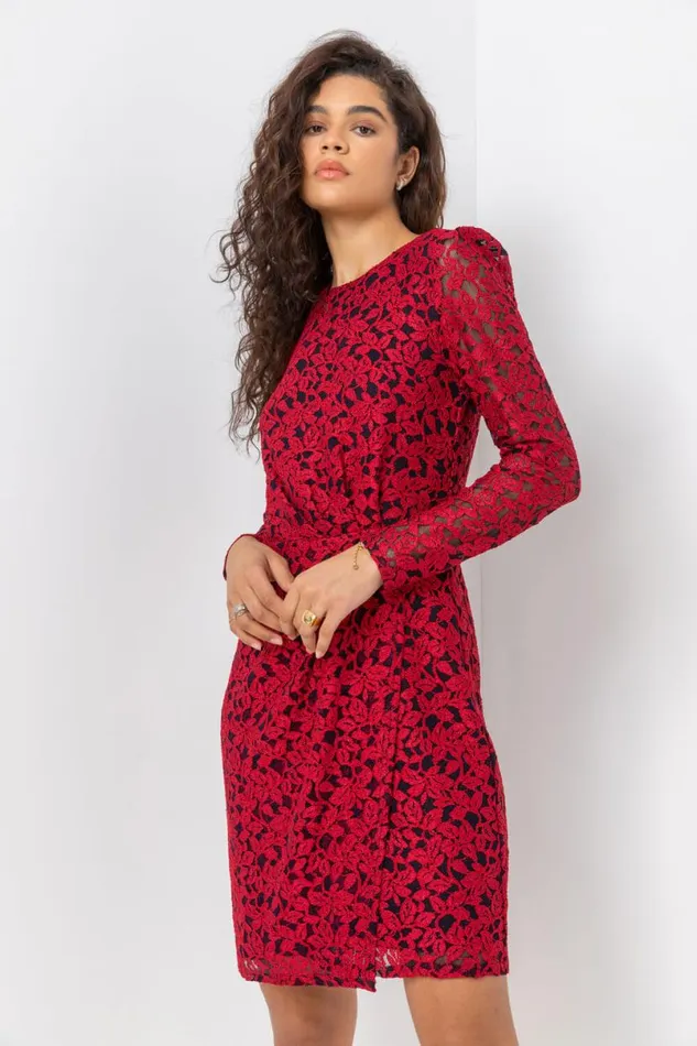 Red Ruched Detail Lace Wrap Dress Women Roman Dresses
