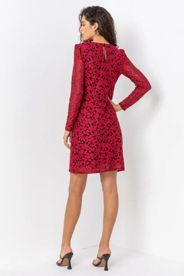 Red Ruched Detail Lace Wrap Dress Women Roman Dresses