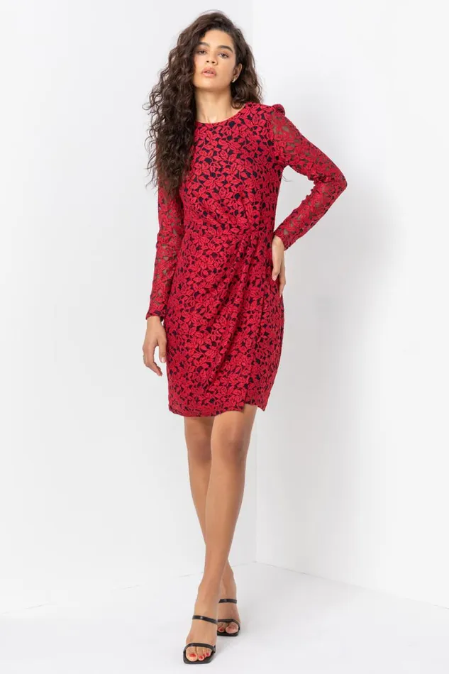 Red Ruched Detail Lace Wrap Dress Women Roman Dresses