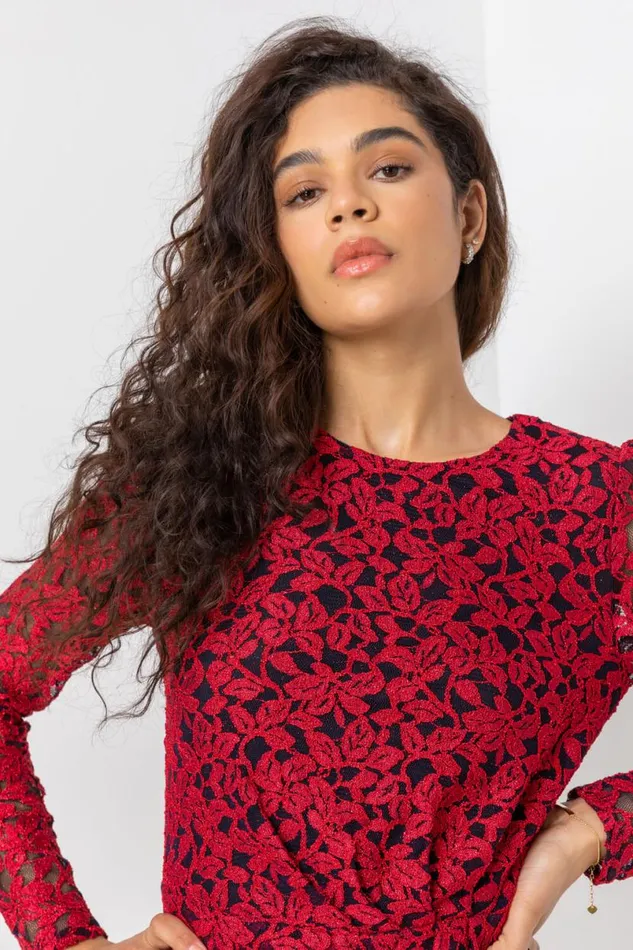 Red Ruched Detail Lace Wrap Dress Women Roman Dresses