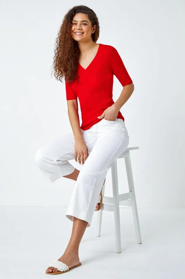 Red Scallop Edge Ribbed Stretch Knit Top Women Roman Tops