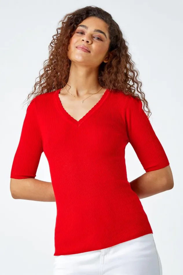 Red Scallop Edge Ribbed Stretch Knit Top Women Roman Tops