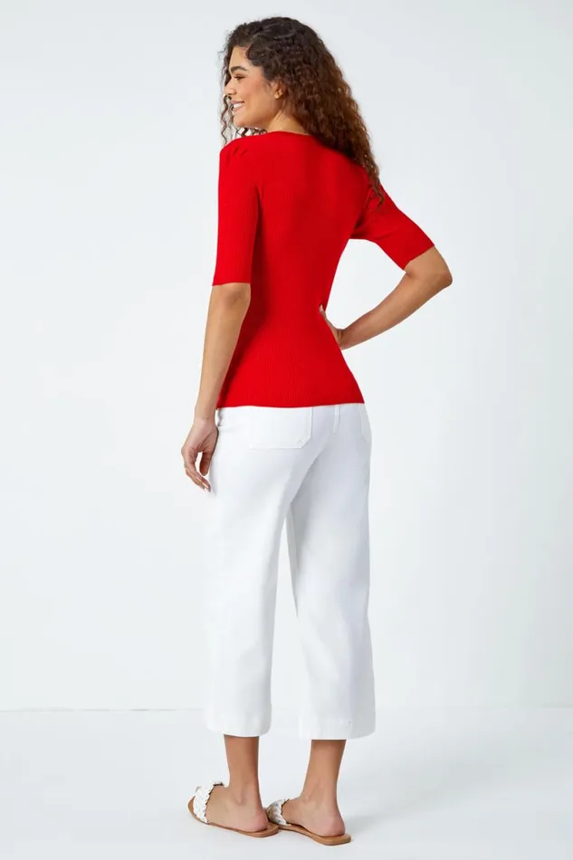 Red Scallop Edge Ribbed Stretch Knit Top Women Roman Tops