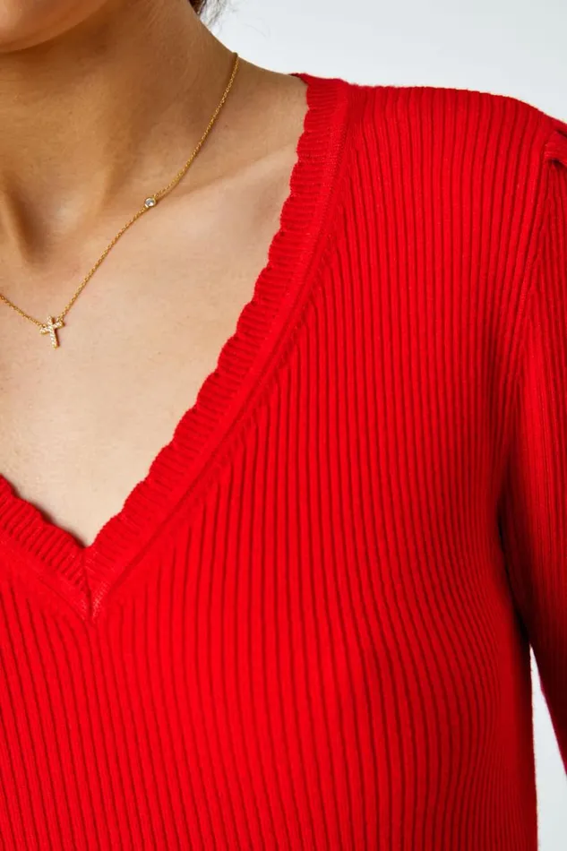 Red Scallop Edge Ribbed Stretch Knit Top Women Roman Tops