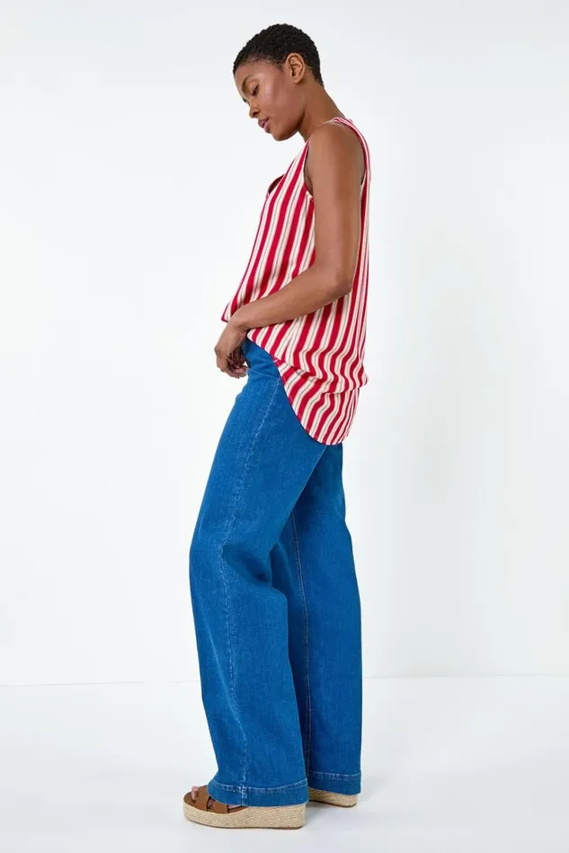 Red Stripe Print Button Detail Vest Top Women Roman Tops