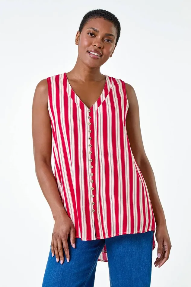 Red Stripe Print Button Detail Vest Top Women Roman Tops