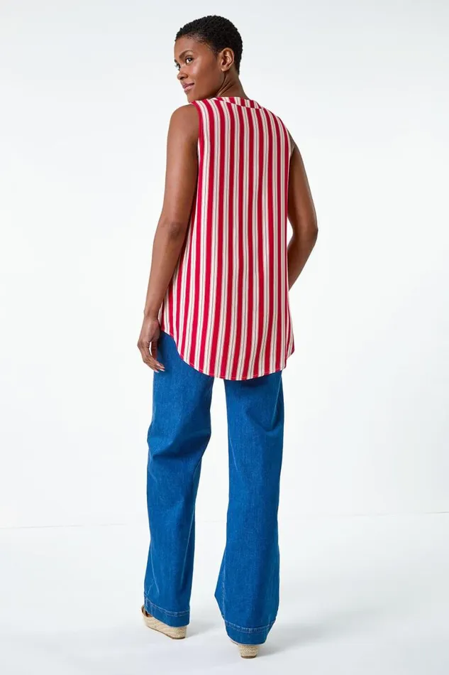 Red Stripe Print Button Detail Vest Top Women Roman Tops