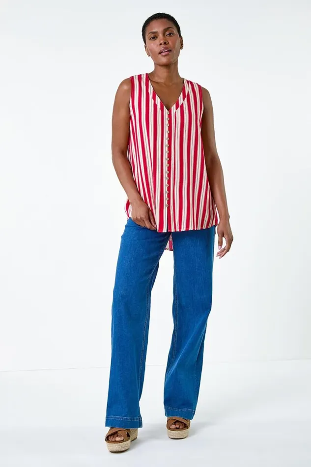 Red Stripe Print Button Detail Vest Top Women Roman Tops