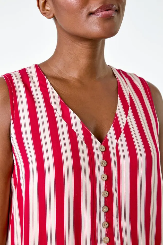 Red Stripe Print Button Detail Vest Top Women Roman Tops