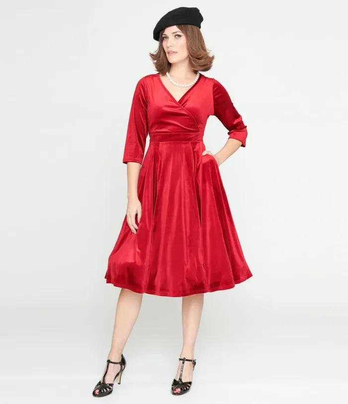 Red Velvet Lyra Fit and Flare Dress DressesPlus Unique Vintage Pocket Dresses