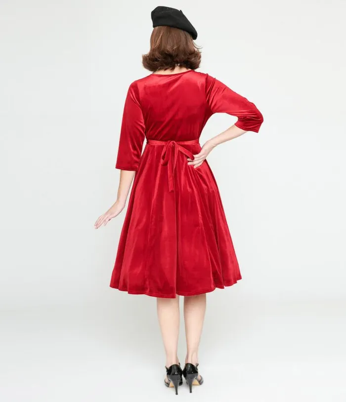 Red Velvet Lyra Fit and Flare Dress DressesPlus Unique Vintage Pocket Dresses
