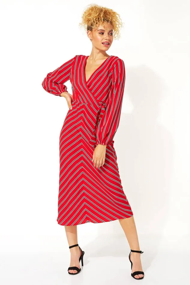 Red Wrap Stripe Midi Dress Women Roman Dresses