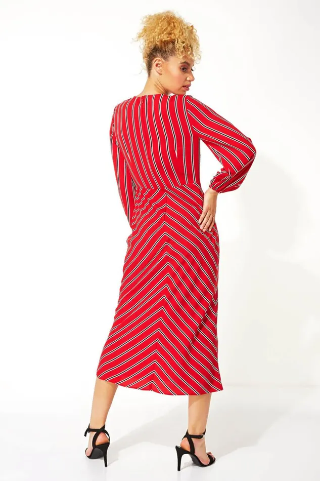 Red Wrap Stripe Midi Dress Women Roman Dresses