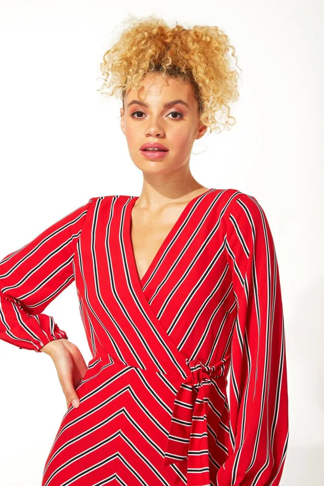 Red Wrap Stripe Midi Dress Women Roman Dresses