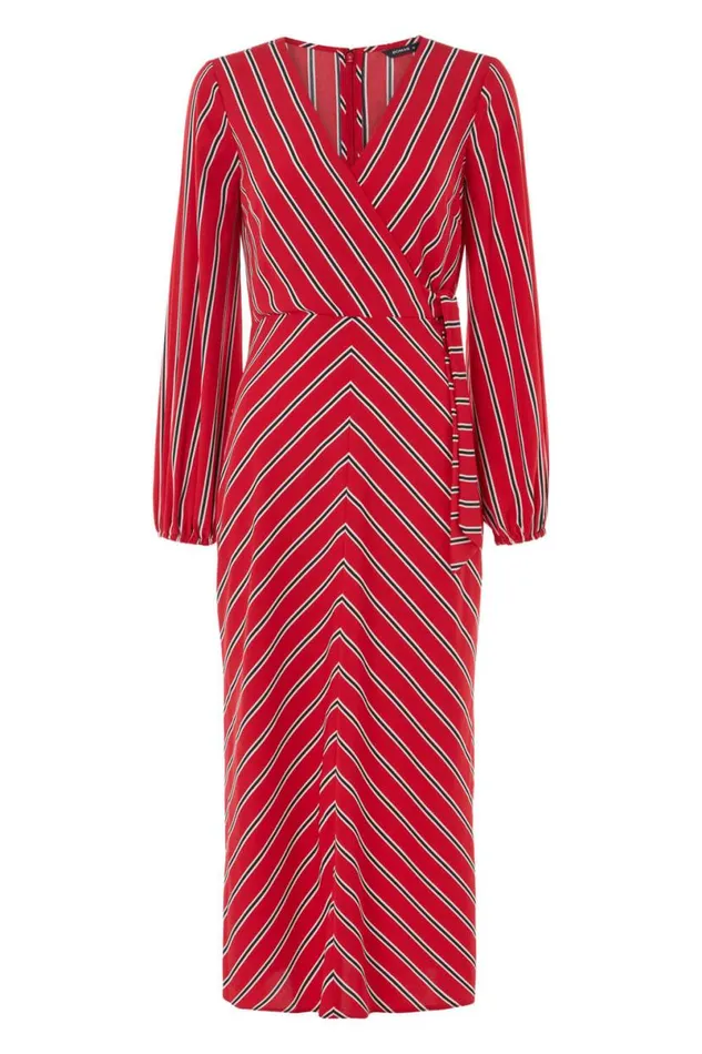 Red Wrap Stripe Midi Dress Women Roman Dresses