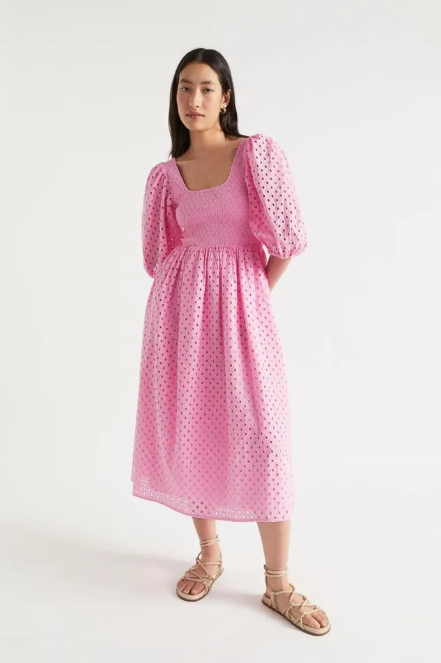 Resort Woman Seed Heritage Broderie Shirred Midi Dress Soft Orchid