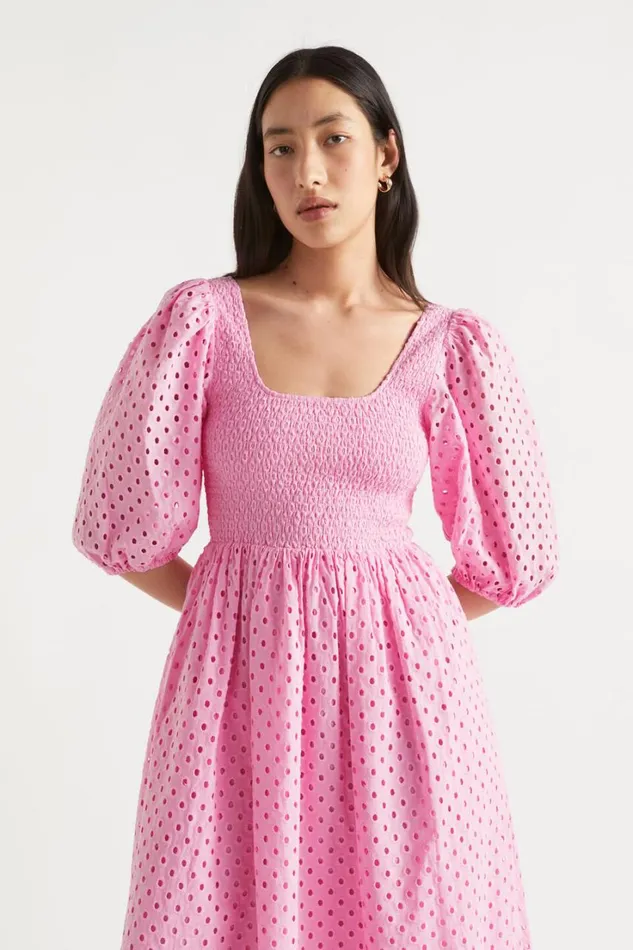 Resort Woman Seed Heritage Broderie Shirred Midi Dress Soft Orchid