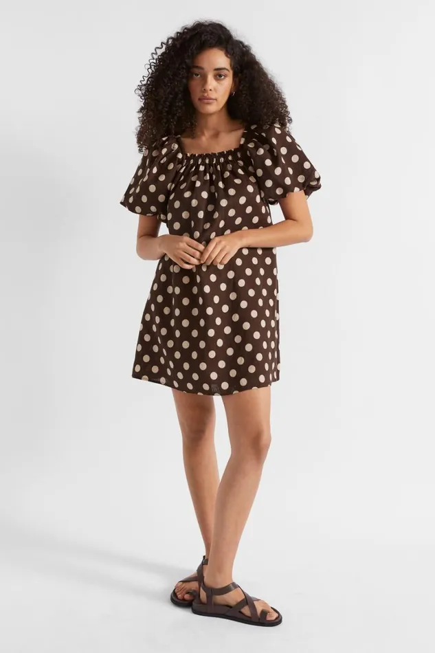 Resort Woman Seed Heritage Linen Spot Mini Dress Deep Raisin Spot