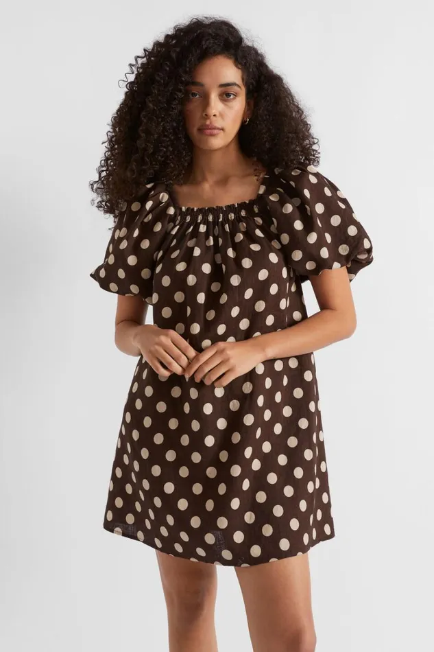 Resort Woman Seed Heritage Linen Spot Mini Dress Deep Raisin Spot