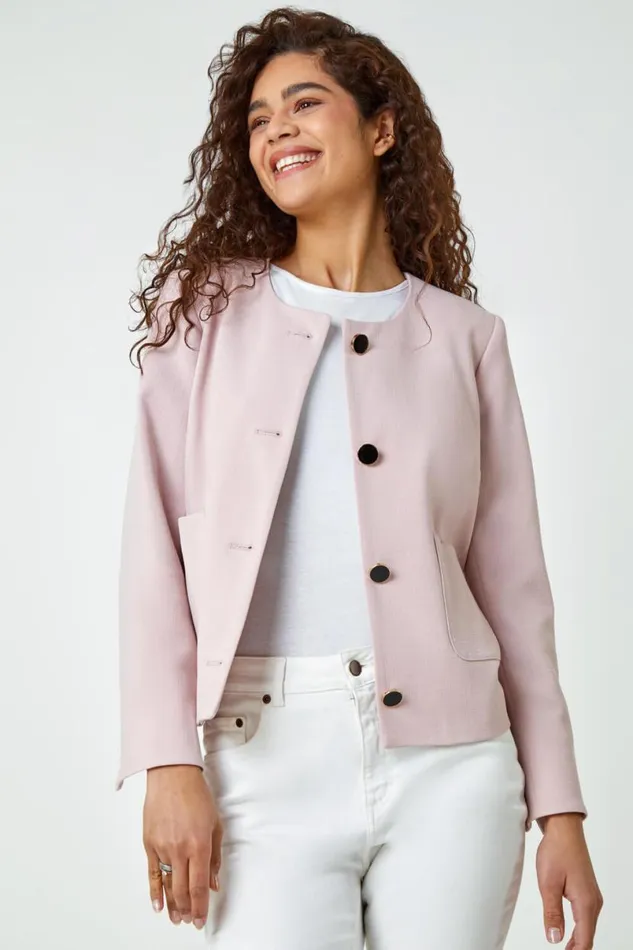 Rose Collarless Button Detail Jacket Women Roman Jackets
