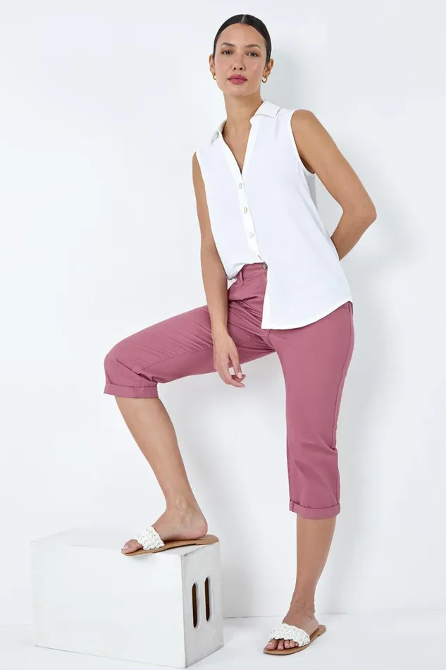 Rose Cotton Blend Cropped Chino Trousers Women Roman Trousers