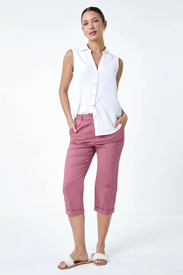 Rose Cotton Blend Cropped Chino Trousers Women Roman Trousers