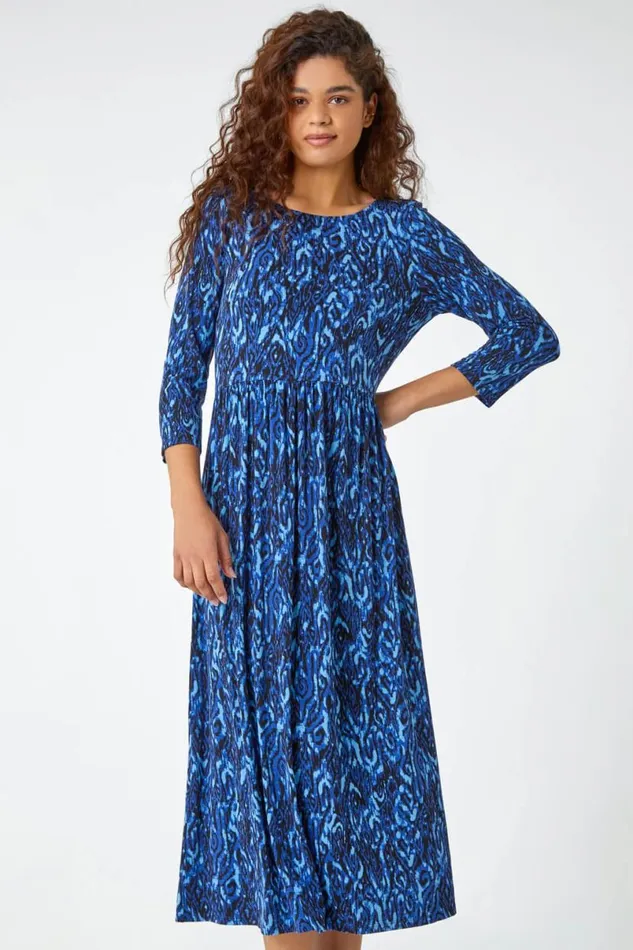 Royal Blue Aztec Print Stretch Midi Dress Women Roman Dresses