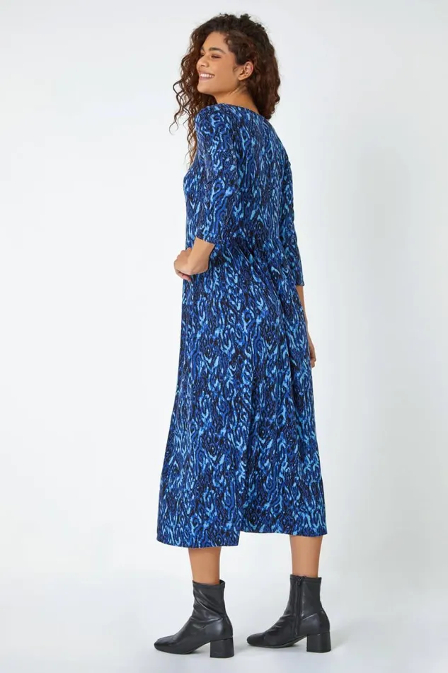 Royal Blue Aztec Print Stretch Midi Dress Women Roman Dresses