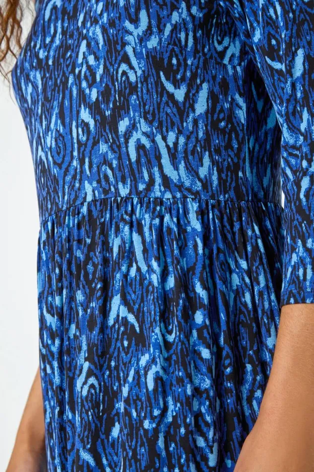 Royal Blue Aztec Print Stretch Midi Dress Women Roman Dresses
