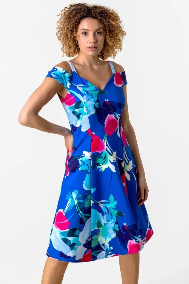 Royal Blue Cold Shoulder Floral Print Dress Women Roman Dresses