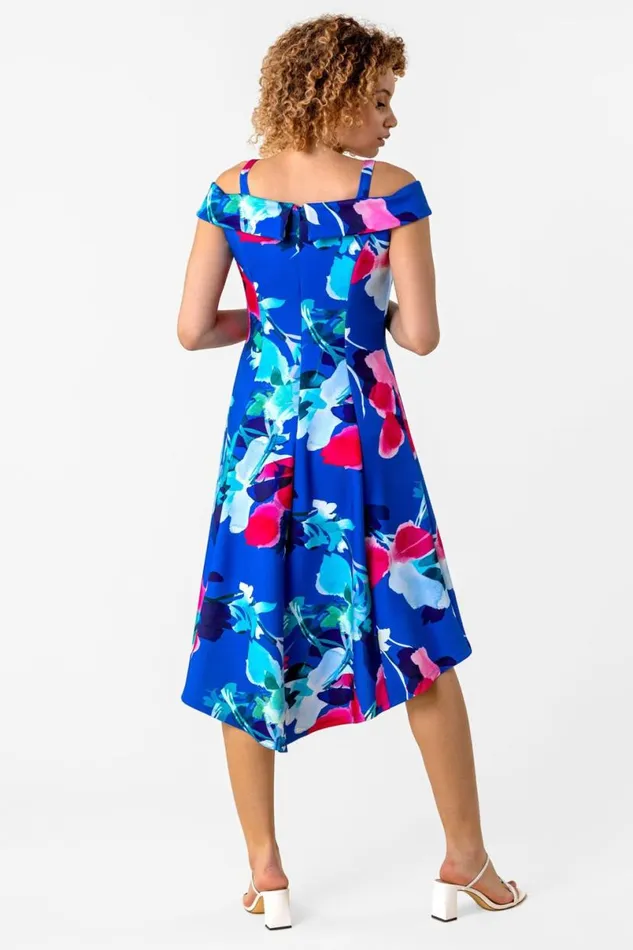 Royal Blue Cold Shoulder Floral Print Dress Women Roman Dresses