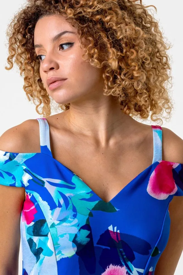 Royal Blue Cold Shoulder Floral Print Dress Women Roman Dresses