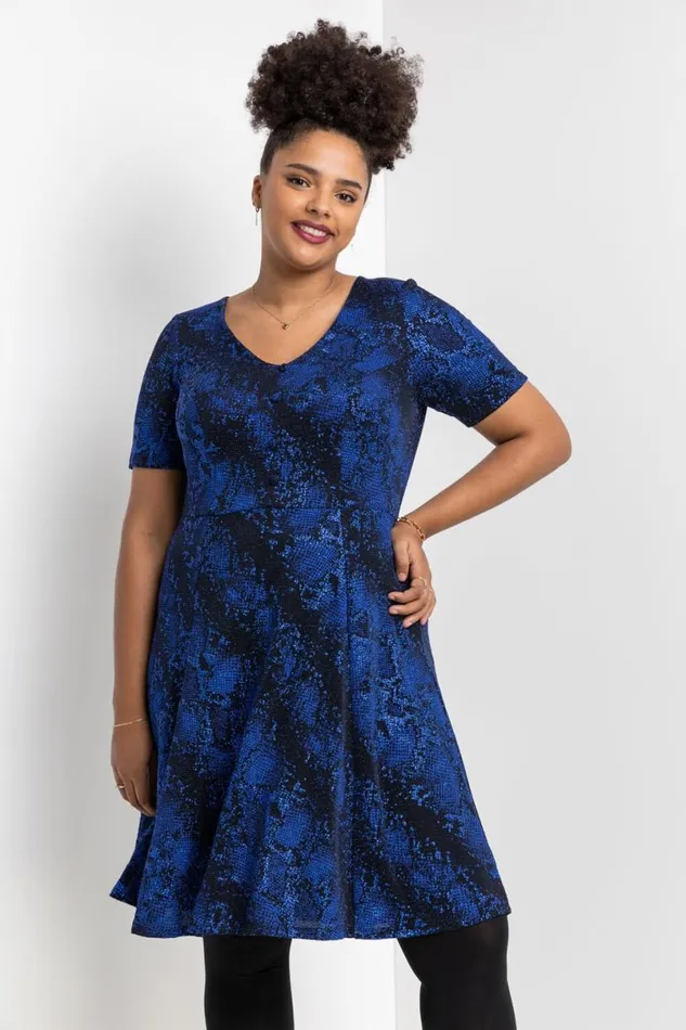 Royal Blue Curve Glitter Snake Fit and Flare Dress Women Roman Dresses