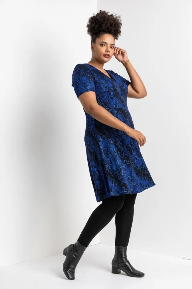 Royal Blue Curve Glitter Snake Fit and Flare Dress Women Roman Dresses