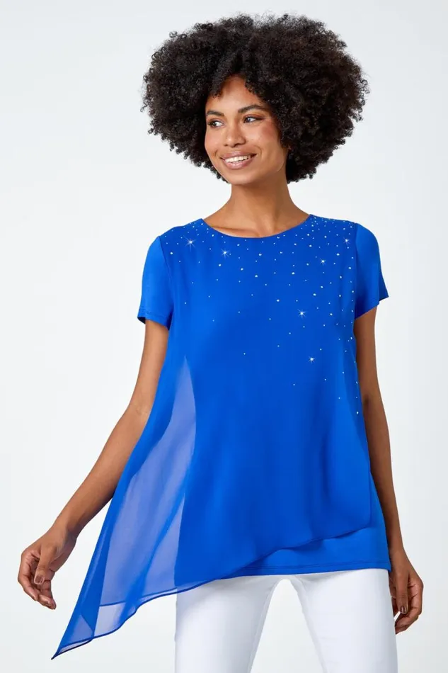 Royal Blue Diamante Embellished Overlay Top Women Roman Tops