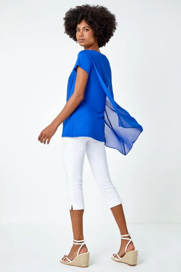 Royal Blue Diamante Embellished Overlay Top Women Roman Tops