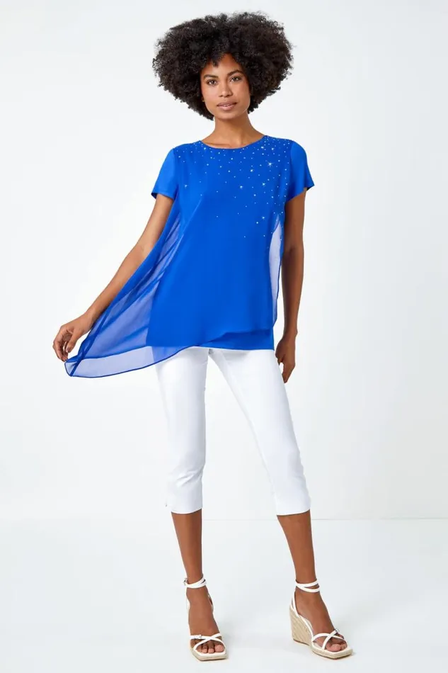 Royal Blue Diamante Embellished Overlay Top Women Roman Tops