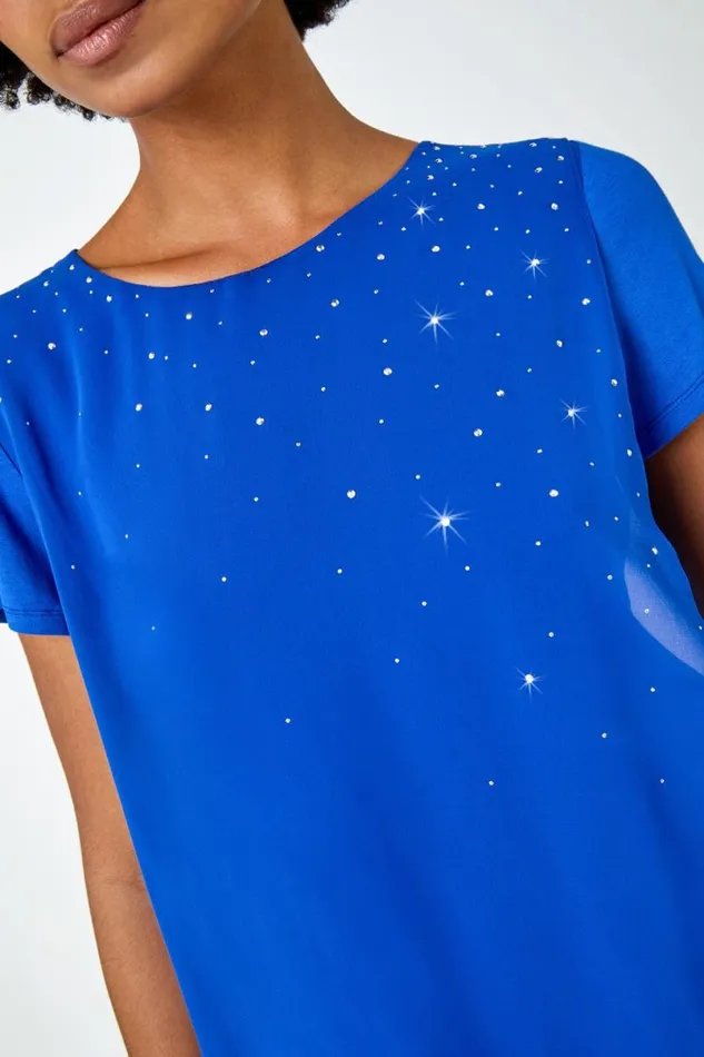 Royal Blue Diamante Embellished Overlay Top Women Roman Tops