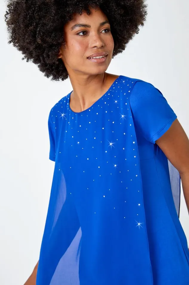 Royal Blue Diamante Embellished Overlay Top Women Roman Tops