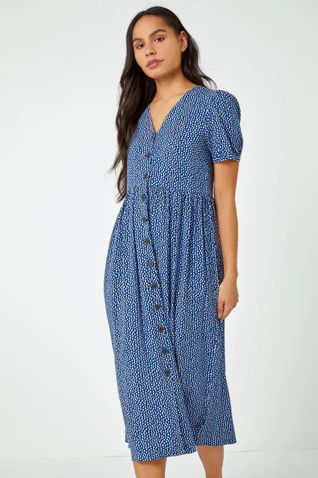Royal Blue Ditsy Spot Button Through Midi Dress Women Roman Dresses