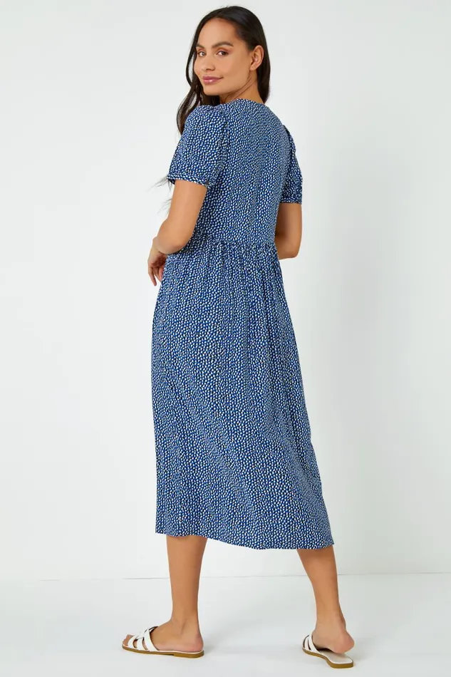 Royal Blue Ditsy Spot Button Through Midi Dress Women Roman Dresses