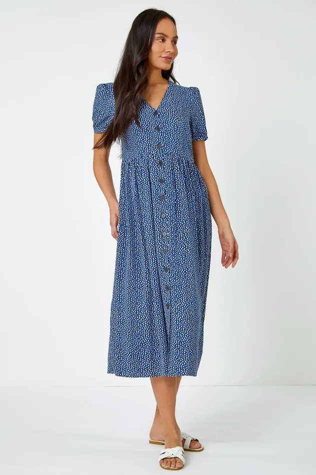 Royal Blue Ditsy Spot Button Through Midi Dress Women Roman Dresses