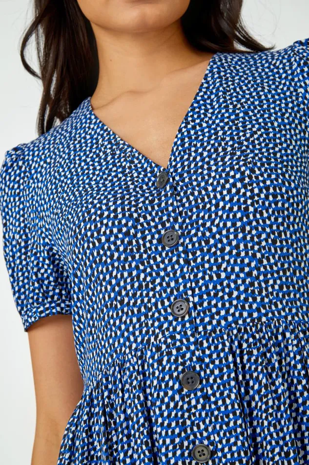 Royal Blue Ditsy Spot Button Through Midi Dress Women Roman Dresses