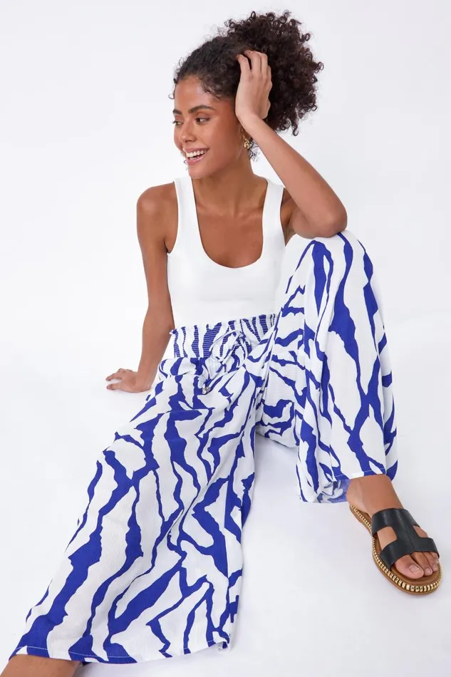 Royal Blue Elastic Waist Animal Shirred Wide Leg Trousers Women Roman Trousers