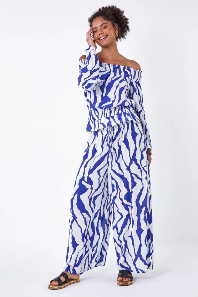 Royal Blue Elastic Waist Animal Shirred Wide Leg Trousers Women Roman Trousers