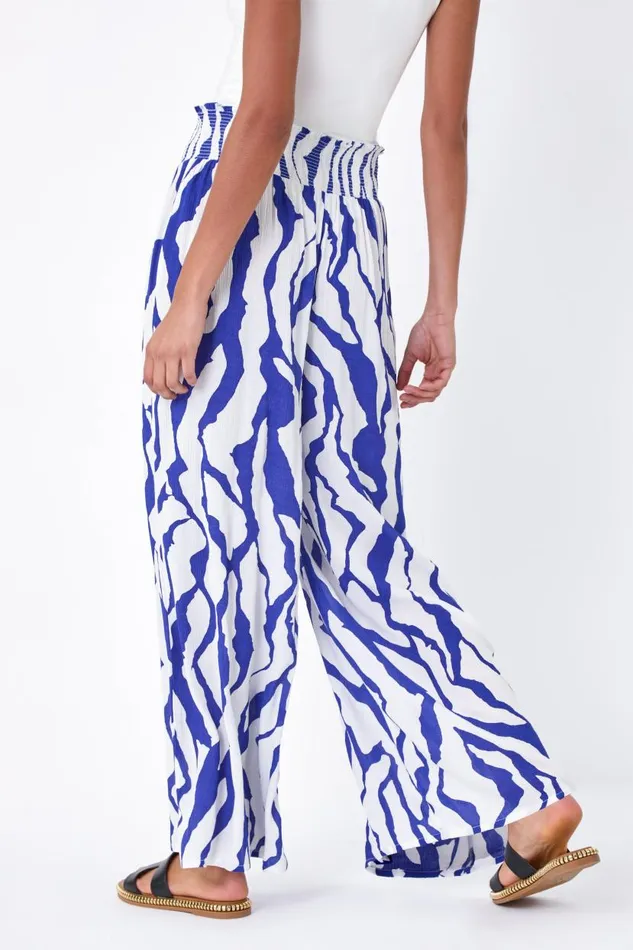 Royal Blue Elastic Waist Animal Shirred Wide Leg Trousers Women Roman Trousers