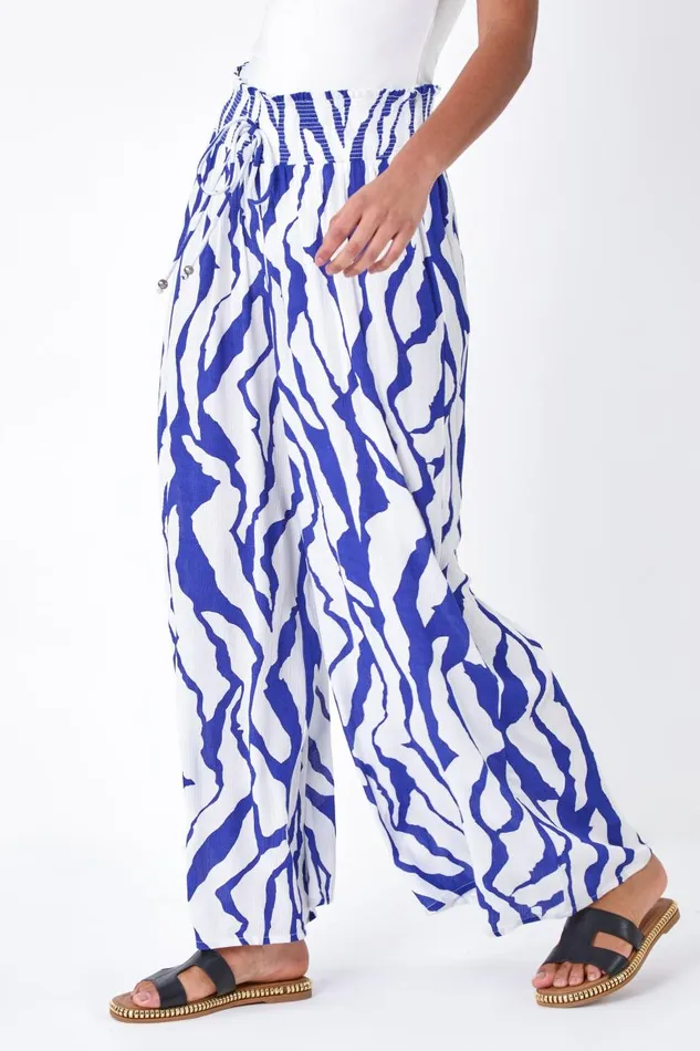 Royal Blue Elastic Waist Animal Shirred Wide Leg Trousers Women Roman Trousers