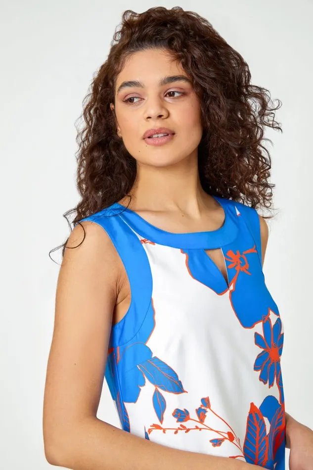 Royal Blue Floral Border Print Shift Dress Women Roman Dresses