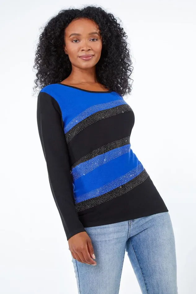Royal Blue Petite Embellished Stripe Jumper Women Roman Tops