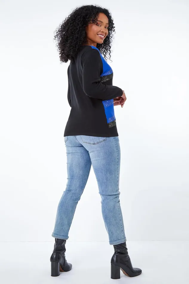 Royal Blue Petite Embellished Stripe Jumper Women Roman Tops